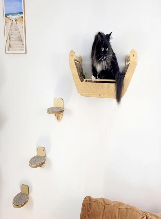 Keebori Wall Mounted Wooden Cat Bed with Soft Cushion and 3 Climbing Steps Space-Saving Modern Cat Hammock Lounge Shelf for Indoor Cats Natural Birch - Image 1